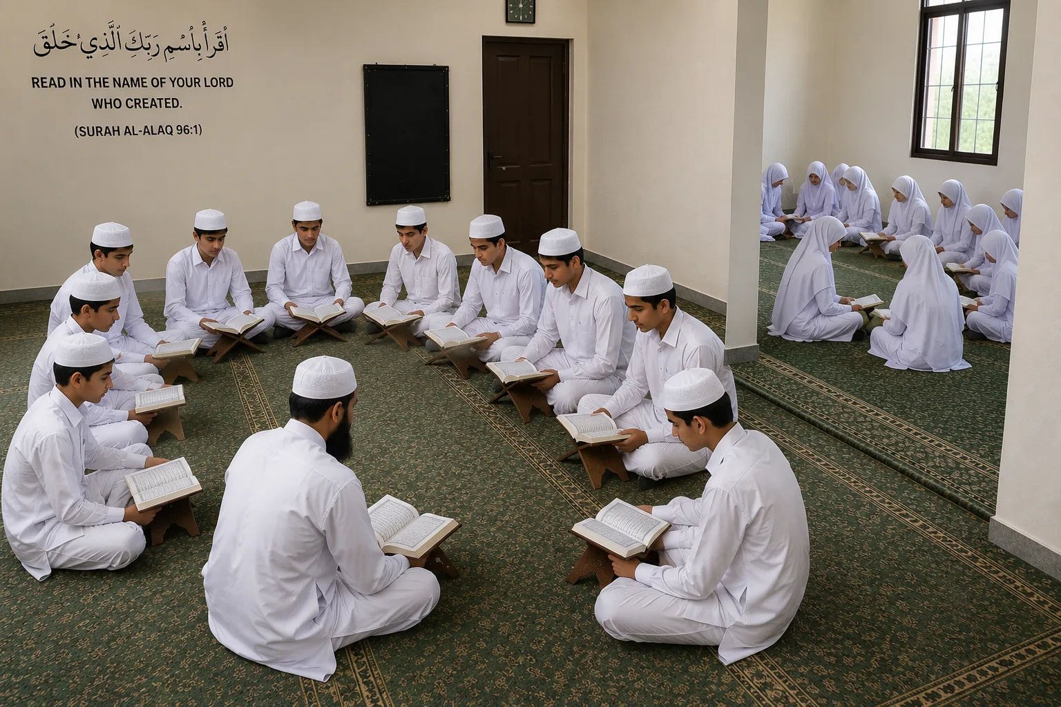 Students reciting the Holy Quran in the school prayer hall